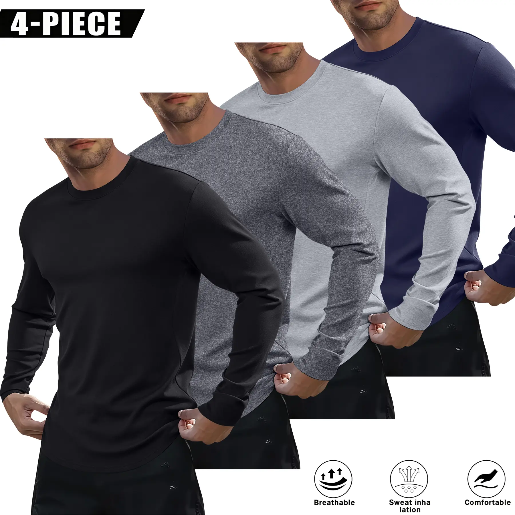 Men's Long Sleeve T Shirts 4-Pack, Vintage Solid Color Tops with Breathable Fabric, Extended Length Male Clothing for Gym & Casual Wear, Long Sleeve Tops, Fitted Cut