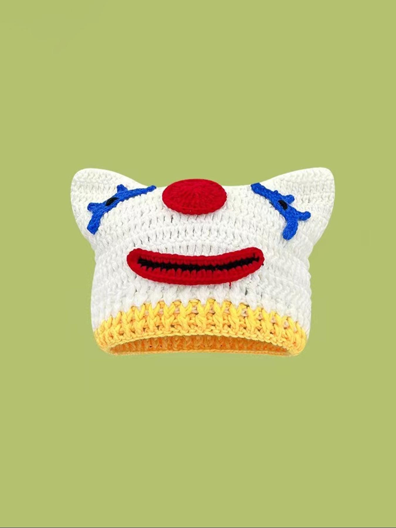 Cute Cartoon Clown/Panda Design Beanie Hat, Casual Thickened Windproof Braided Crochet Warm Knit Hat for Fall & Winter, Fashion Accessories for Both Men & Women, Animal Hats