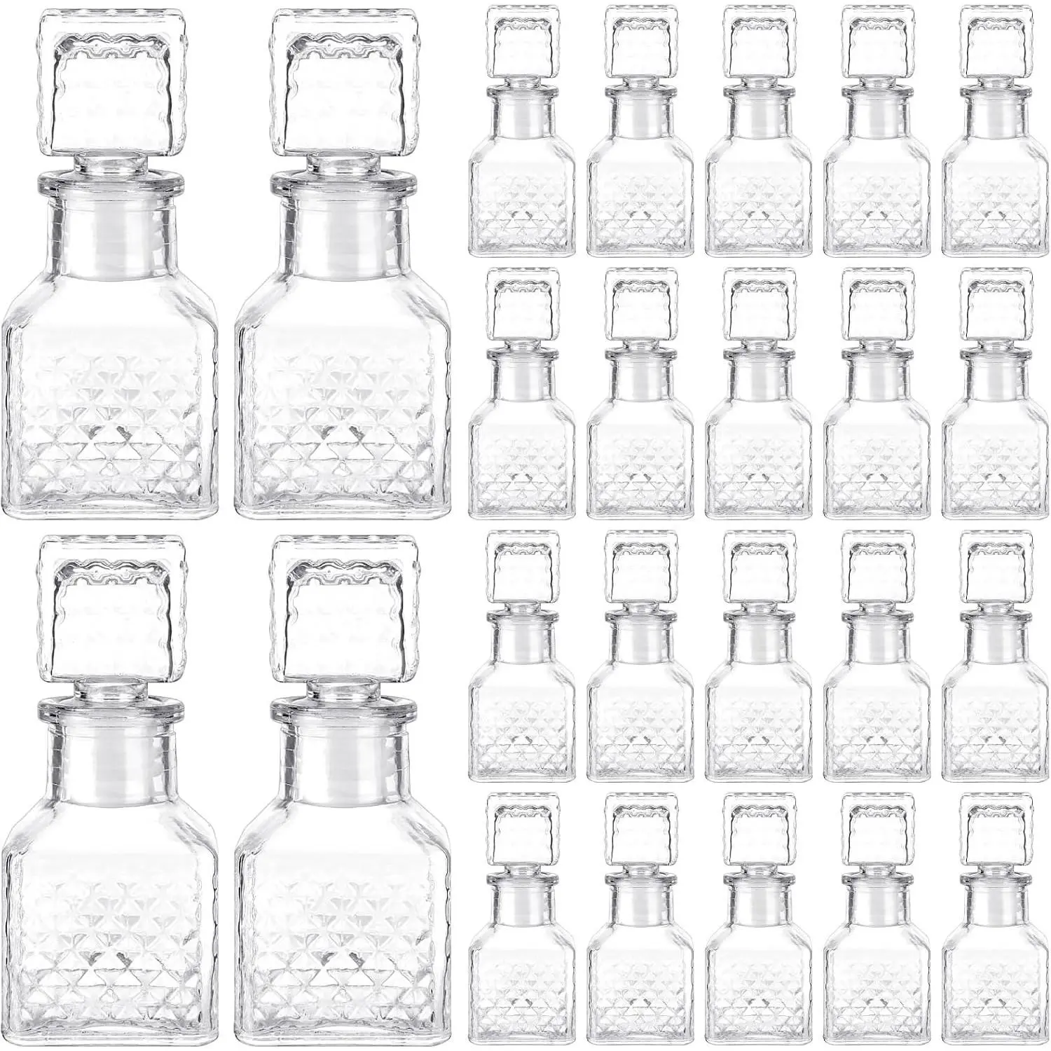 24 Pcs 1.7oz Mini Glass Wine Bottles with Stopper, Decorative Tequila Bottles for Whiskey Vanilla Extract Champagne, Perfect for Wedding Baby Shower Party Favors Square Style