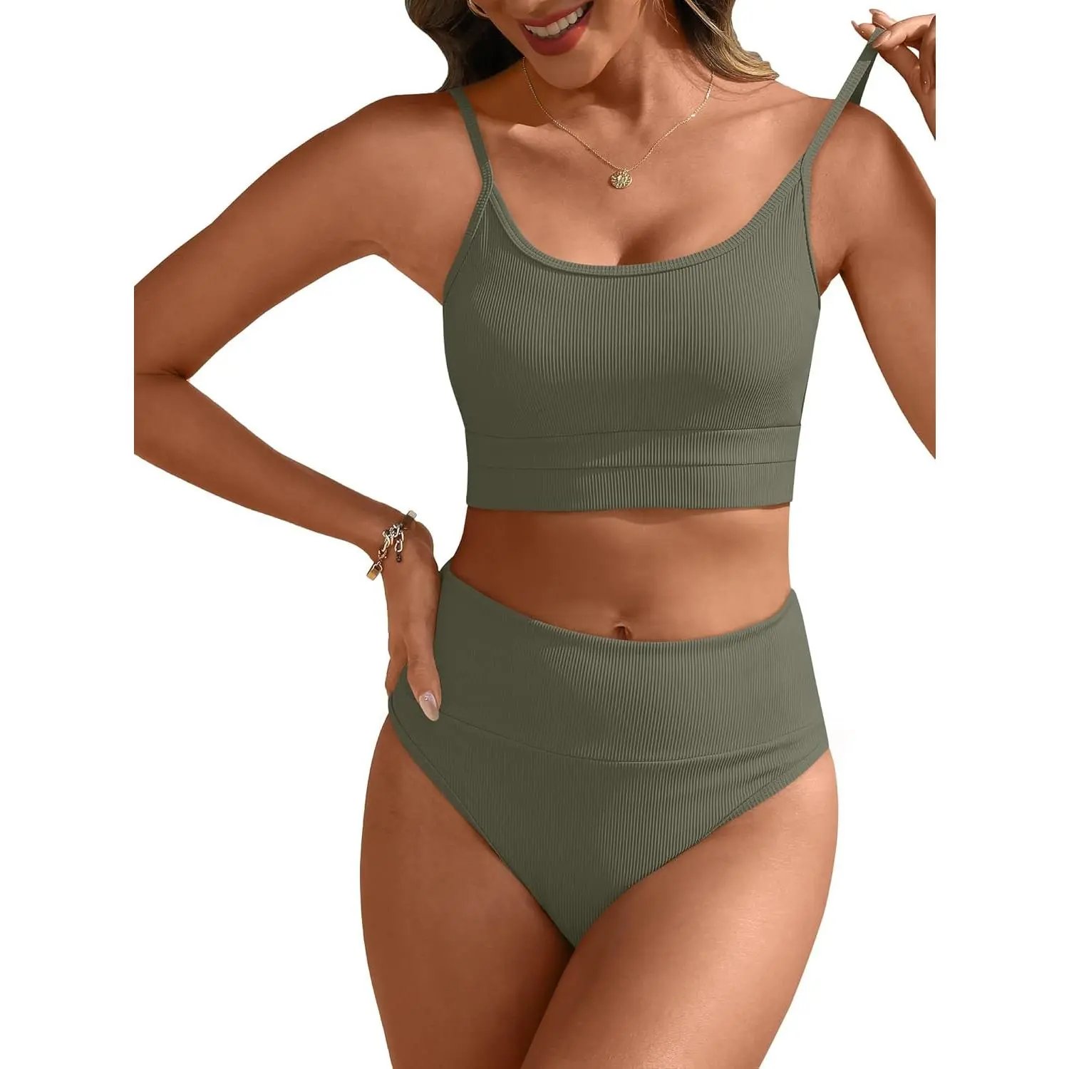 Women's High-Waisted 2-Piece Bikini Swimwear Set - Color Block, Tummy Control, Thick Ribbed Beach Wear