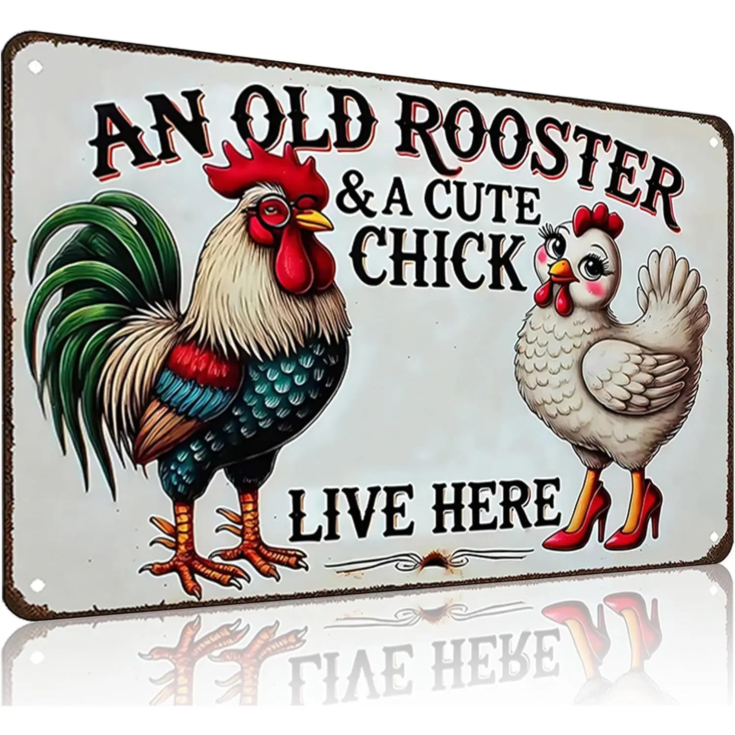 Vintage Funny Metal Home Sign Wall Decor - "An Old Rooster & A Cute Chick Live Here" Decorative Animal Plaque for Kitchen, Balcony Daily Home Decor