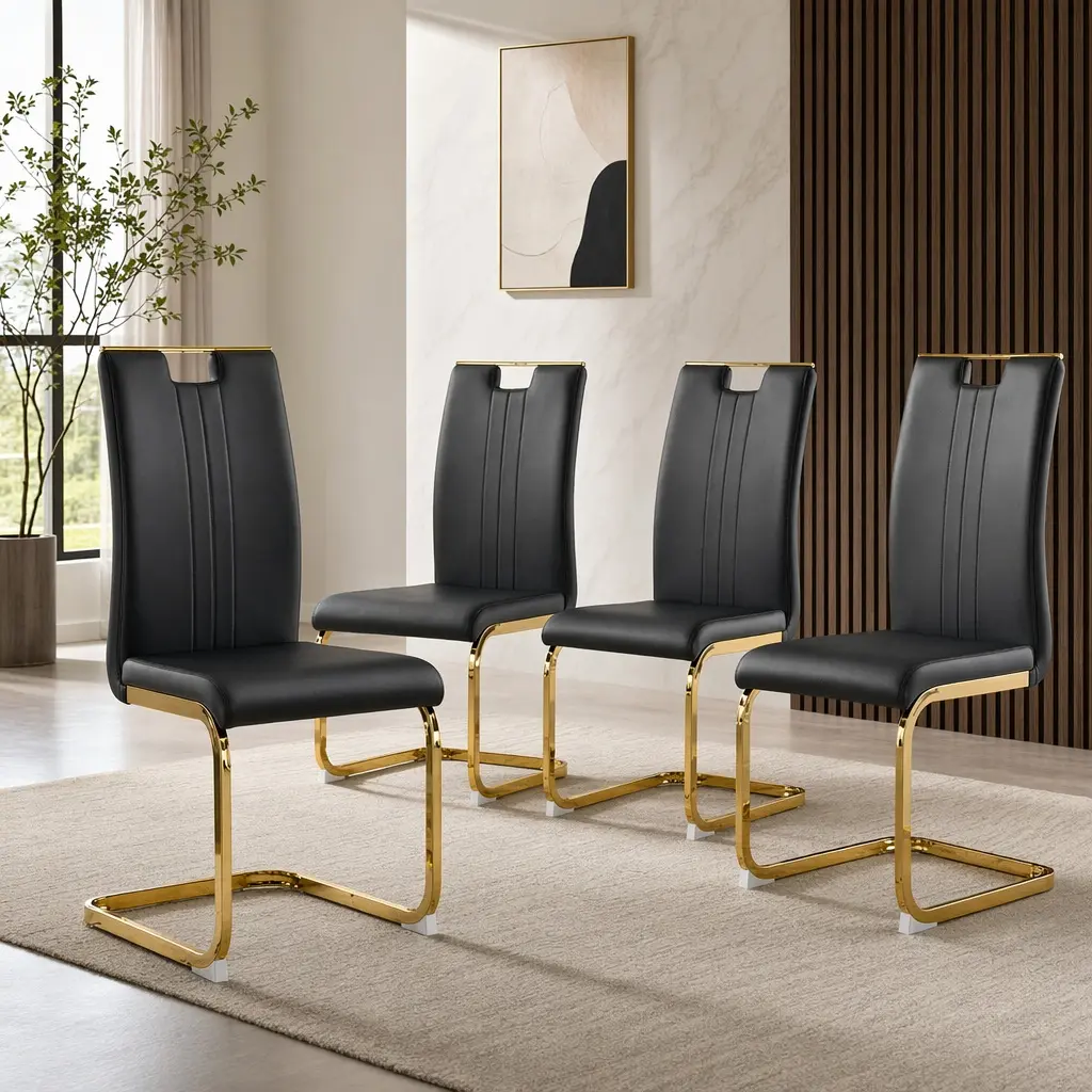 Set of 4 Black and Gold PU Leather Modern Dining Chairs - Cantilever Metal Frame, Contemporary Upholstered Side Chairs for Kitchen & Dining Room, Black Dining Chairs