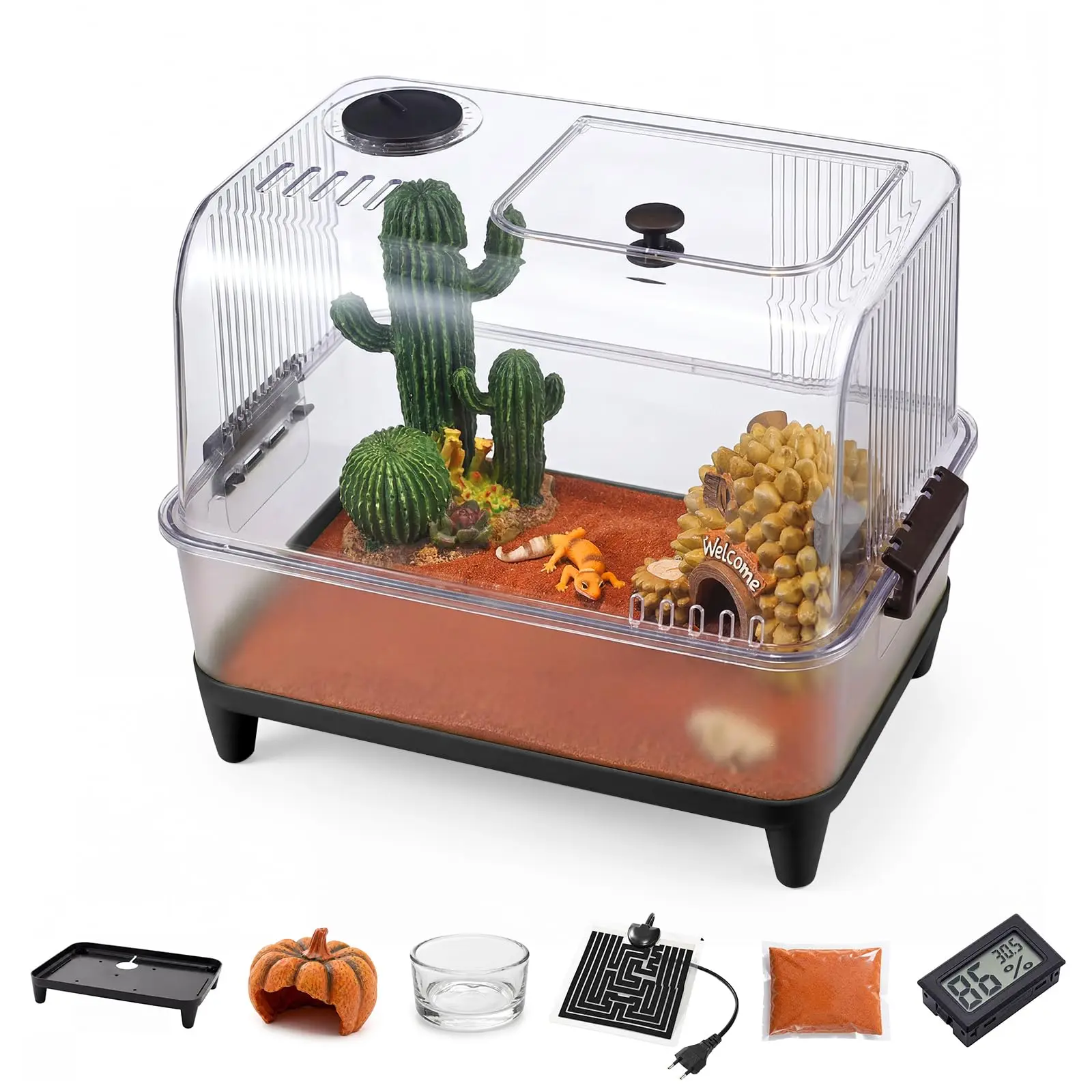 Acrylic Reptile Terrarium Starter Kit, Small Habitat Enclosure with Lid - Heating Pad, Hygrometer, Sand Base layer, Hideout, Water Bowl - for Jumping Crawler, Tarantula, Lizards, Frogs, Hermit Crabs