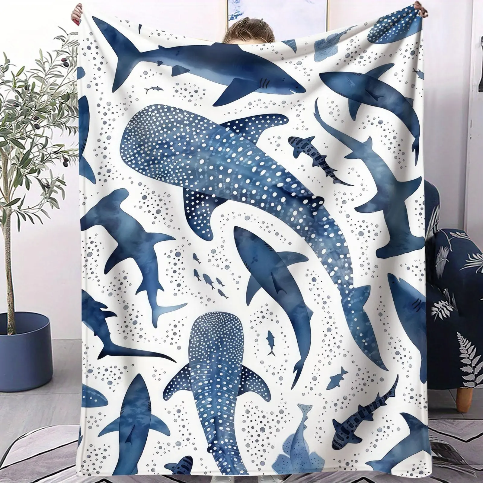 Watercolor Blue Whale Shark Flannel Throw Blanket, Soft Lightweight Ocean Animal Lap Blanket, Coastal Decor for Couch Bedroom Beach Lovers, Breathable Blanket