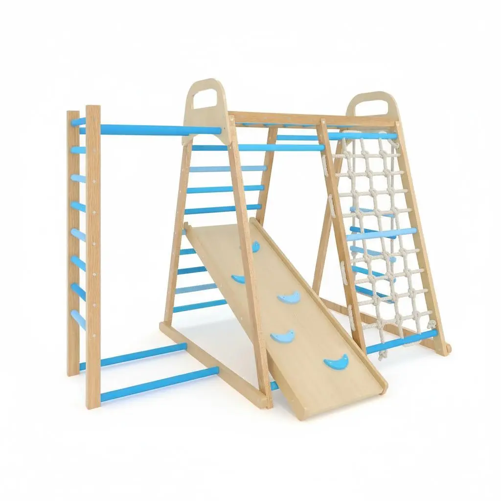 7-in-1 FSC Certified Wooden Indoor Jungle Gym for Toddlers – Sturdy Climbing Frame, Reversible Slide, Ramp, Swing, Monkey Bars, Rope Net, Sensory Playground, 485lbs Capacity, CPC Certified