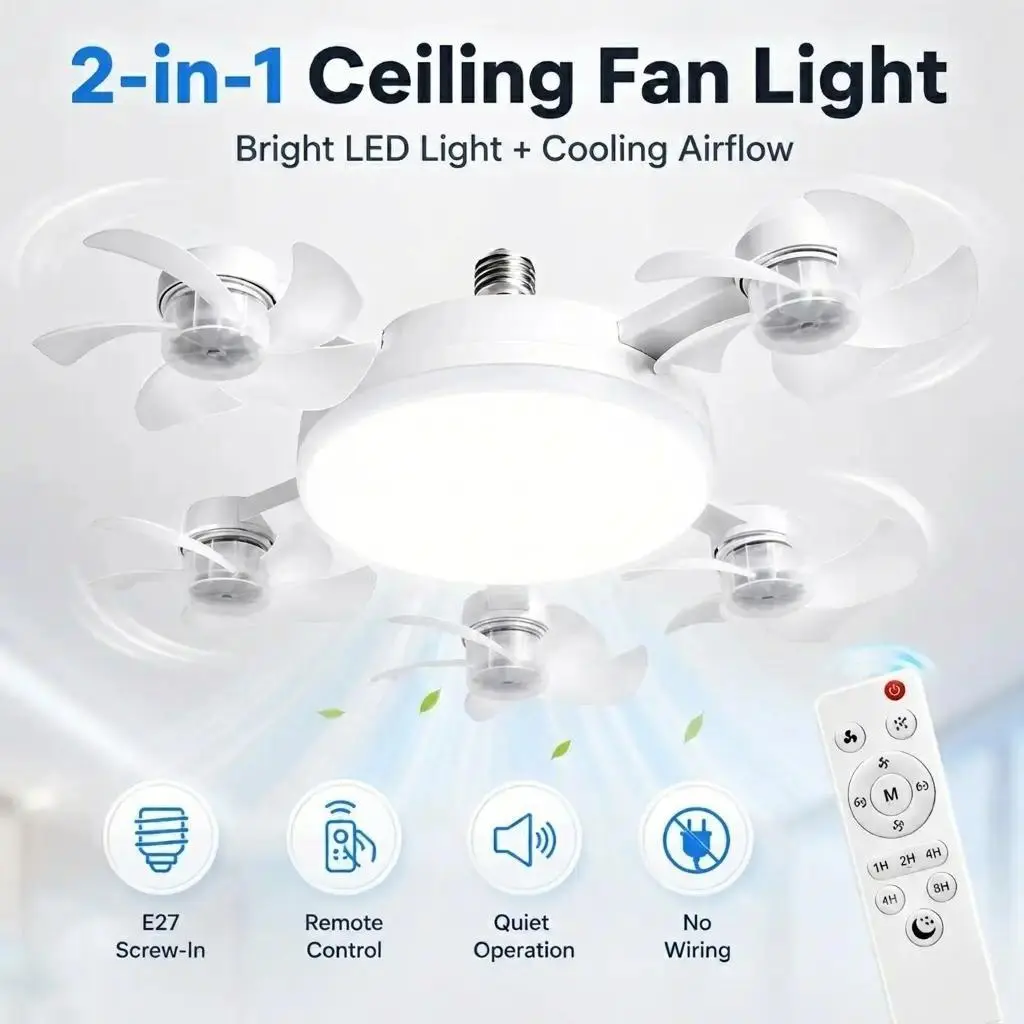 Socket Ceiling Fan - Drone Shaped Screw In LED Light with Multi Head Fans - for Garage Workspace, Kitchen, Bedroom & Storage Room - Useful Apartment Decor Gift for Renters, Men & Tech Fans,back to school,back to school haul