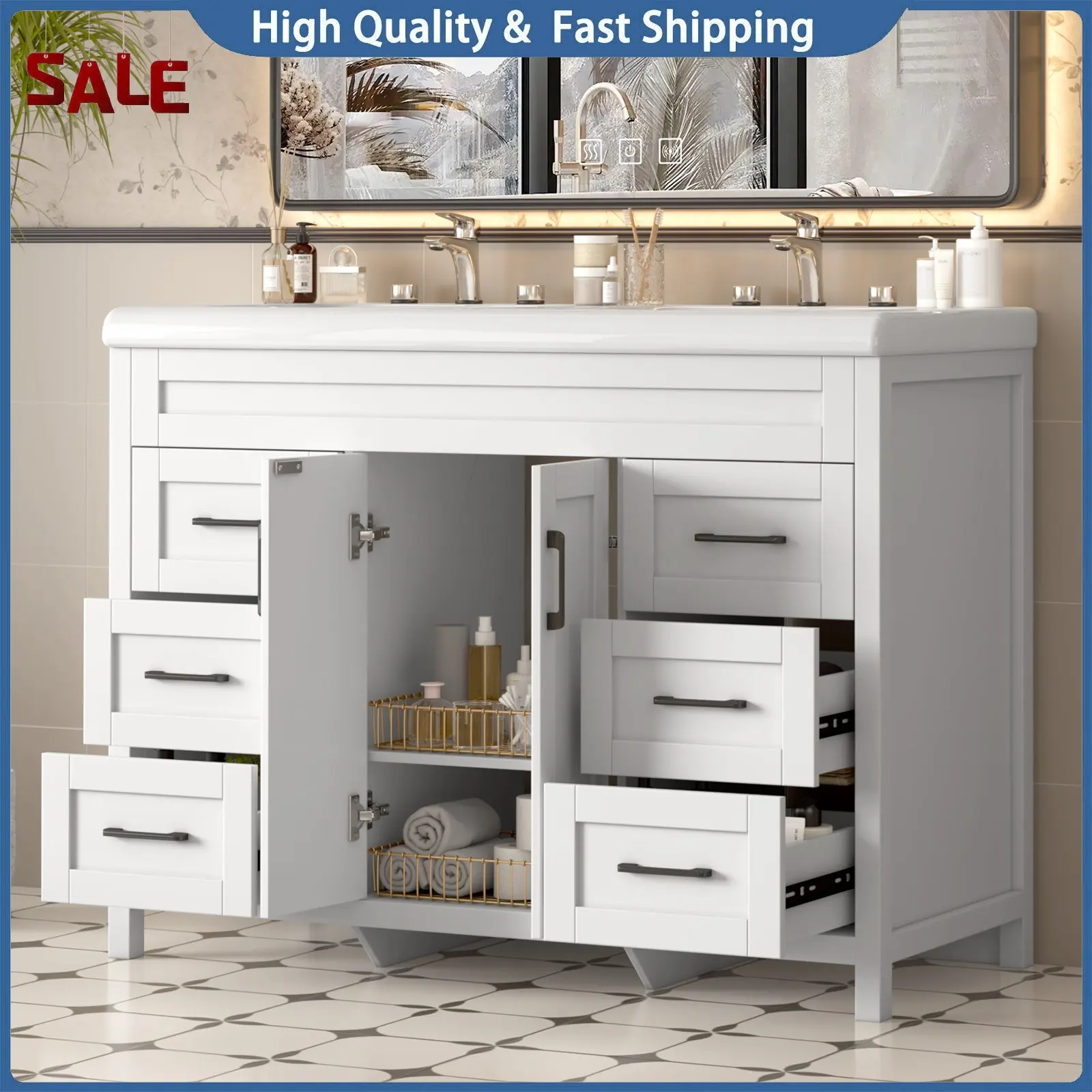 47-Inch Modern Rectangular Freestanding Bathroom Vanity - Double Ceramic Sinks, Open-Back Particleboard Drawer Cabinet, Soft-Close, White, Requires Assembly, 2 Packages,familyfun
