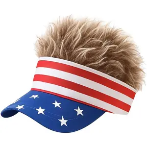 Patriotic Fake Hair Visor Hat for Men Women – US Flag Sun Visor with Spiky Flare Hair Wig | 4th of July Independence Day Novelty Gag Gift Adjustable,summerwins