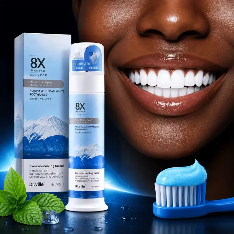 Professional 8x Niacinamide Foam Toothpaste, Activated Charcoal Whitening, Removes Stains, Gentle Deep Cleaning, Prevents Bad Breath, 100ML