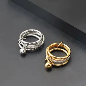 JOVO LOVE Balls Charm 3 Layered Stacking Ring Stainless steel for Women Crystal Gold Color Multi Ring Mixed Metals Stack Finger