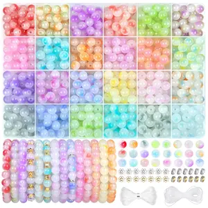 24 Grid Box Gradient Crystal Glass Beads Jewelry Making Kit, Mixed Color Loose Round Beads with Spacer Beads Elastic Thread for Teen Girls Handmade Bracelet Earring Making