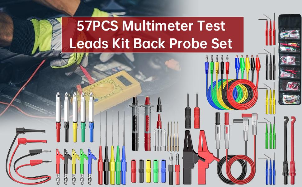 Multimeter Test Leads Kit with Replaceable Probes Set, Banana Plug to Test Hook Leads, Clips and Wire Piercing Probes for Testing Automotive Diagnostic Multimeter Test Leads Kit with Replaceable Probes Set, Banana Plug to Test Hook Leads, Clips and Wire Piercing Probes for Testing Automotive Diagnostic