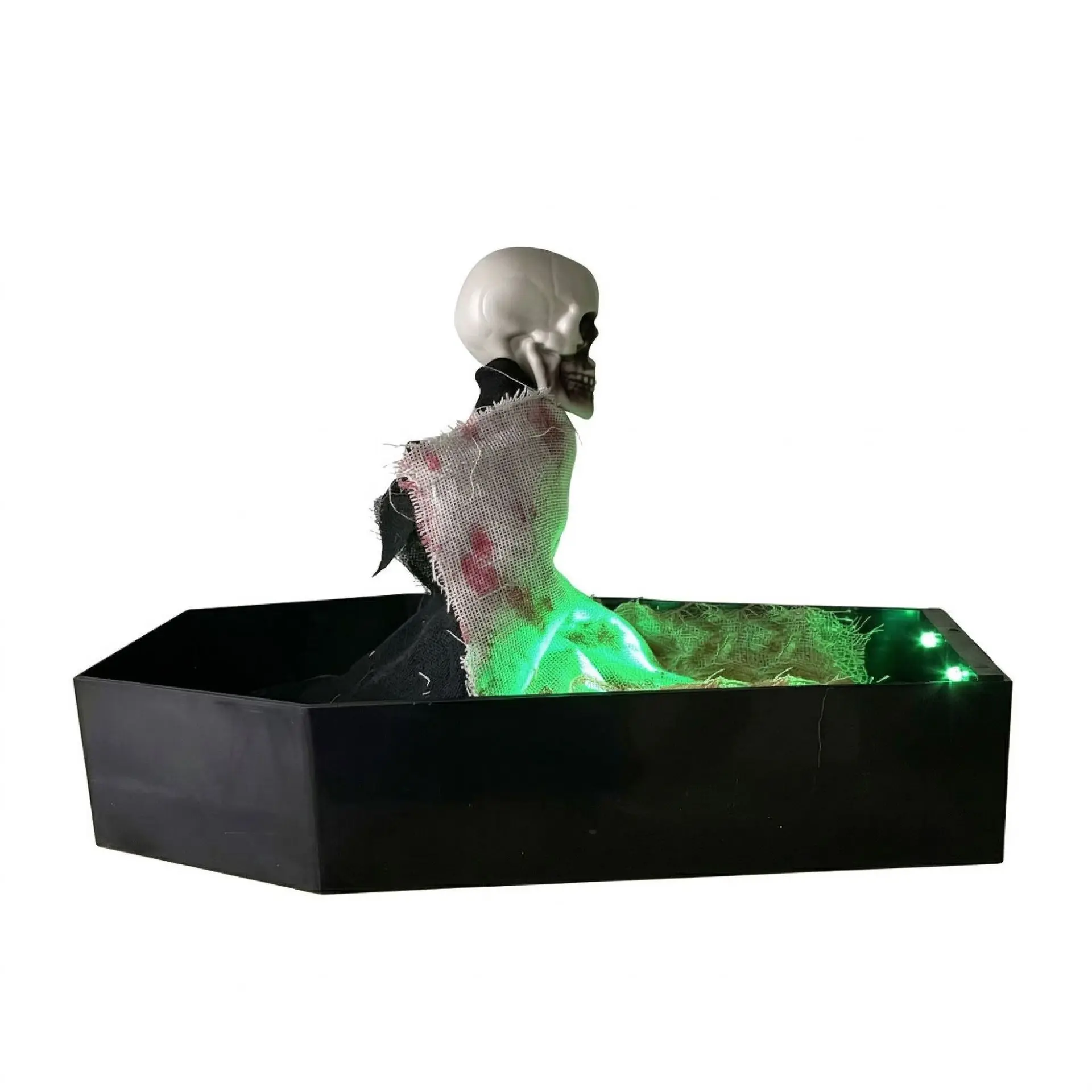 Halloween Animated Rising Skeleton in Coffin, Voice Activated Sit-Up Skeleton Animatronic Prop with Scary Sound & Green LED Light for Party Tabletop Decor