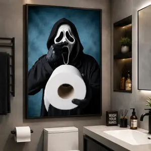 Funny Horror Bathroom Canvas Poster, Ghost Mask Toilet Paper Wall Art, Black Framed Spooky Bathroom Decor, Halloween Bathroom Wall Print Spooky Black Frame Bathroom Decor for Guest Toilet & Restroom