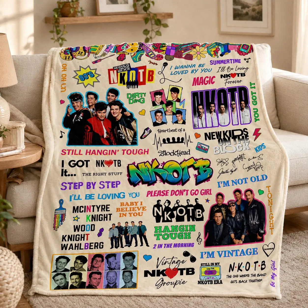 American Retro Collage Memorial Blanket Featuring New Kids on the Block Band Photos and Classic Gold Songs, 80s Music Fan Fleece Nap Blanket for Bedroom Couch Bed, Wall Decor for Music Enthusiasts