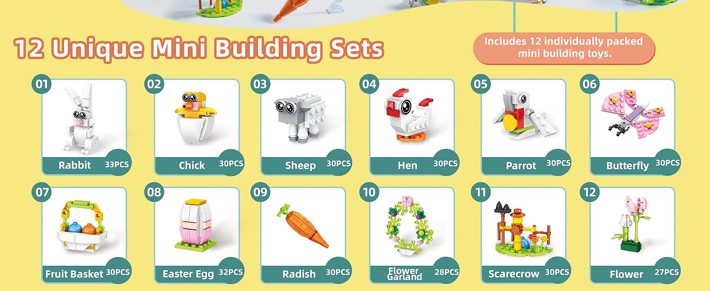 Prefilled Easter Eggs with 12 Packs Bunny Building Blocks Sets – 12 in 2 Easter Basket Stuffers Building Toys, Includes Rabbit, Butterfly, Carrot, Flower, Party Favors Gifts for Kids Boys Girls 6+