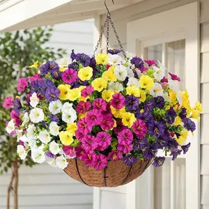 Artificial hanging flower basket with realistic green plants. The flower pot contains realistic morning glory flowers and eucalyptus leaves.