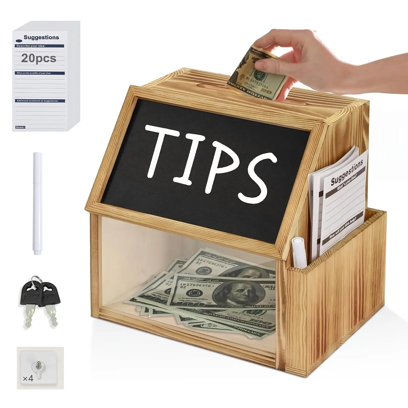 Wooden Suggestion Box with 20 Suggestion Cards Wood Donation Box with Slot And Lock Prayer Boxes for Fundraising Tip Drop Ballot Boxes Wall Mounted with Chalkboard And Keys for Church Office