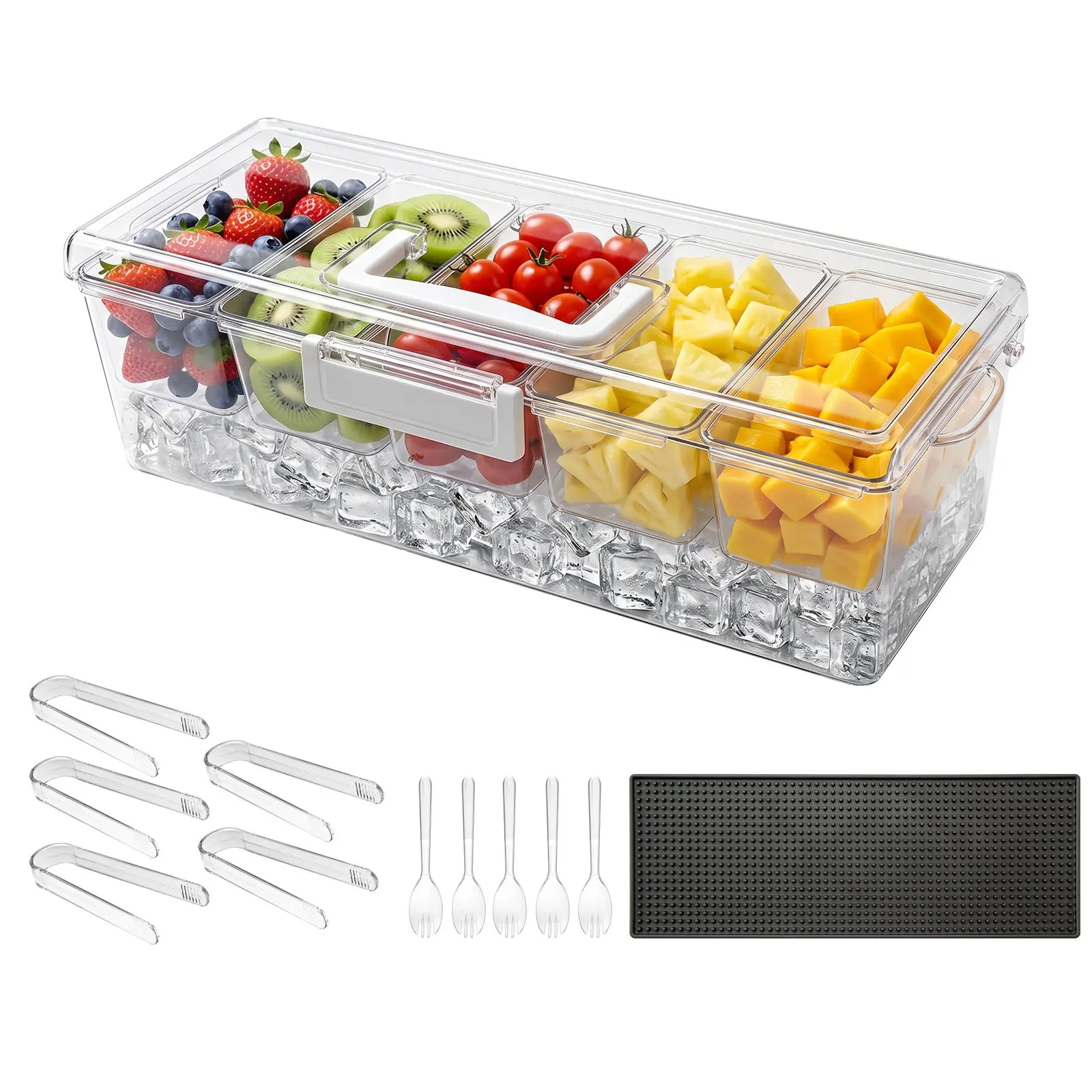 VEVOR Chilled Condiment Server Caddy, 5 Compartment Ice Cooled Serving Container, Plastic Fruit Garnish Tray Platter with Lid, for Taco Salad Bar Accessories, Party Home Restaurant Supplies