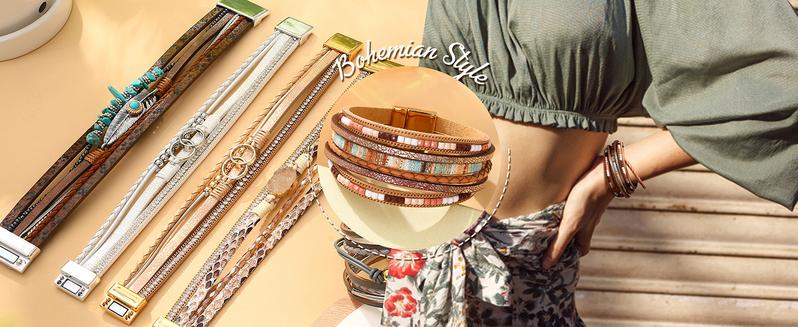 Women’s Leather Wrap Bracelets - Boho Western Cuff Style, Beaded Stackable Design | Gold, Black, Gray Trendy Fashion Accessories