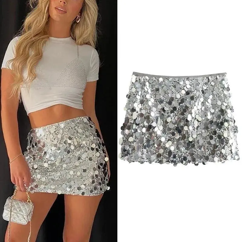 Silver Sequin Skirt Woman High Waist Mini Skirt Woman Fashion Shiny Glitter Elegant Short Skirts For Women Skirts