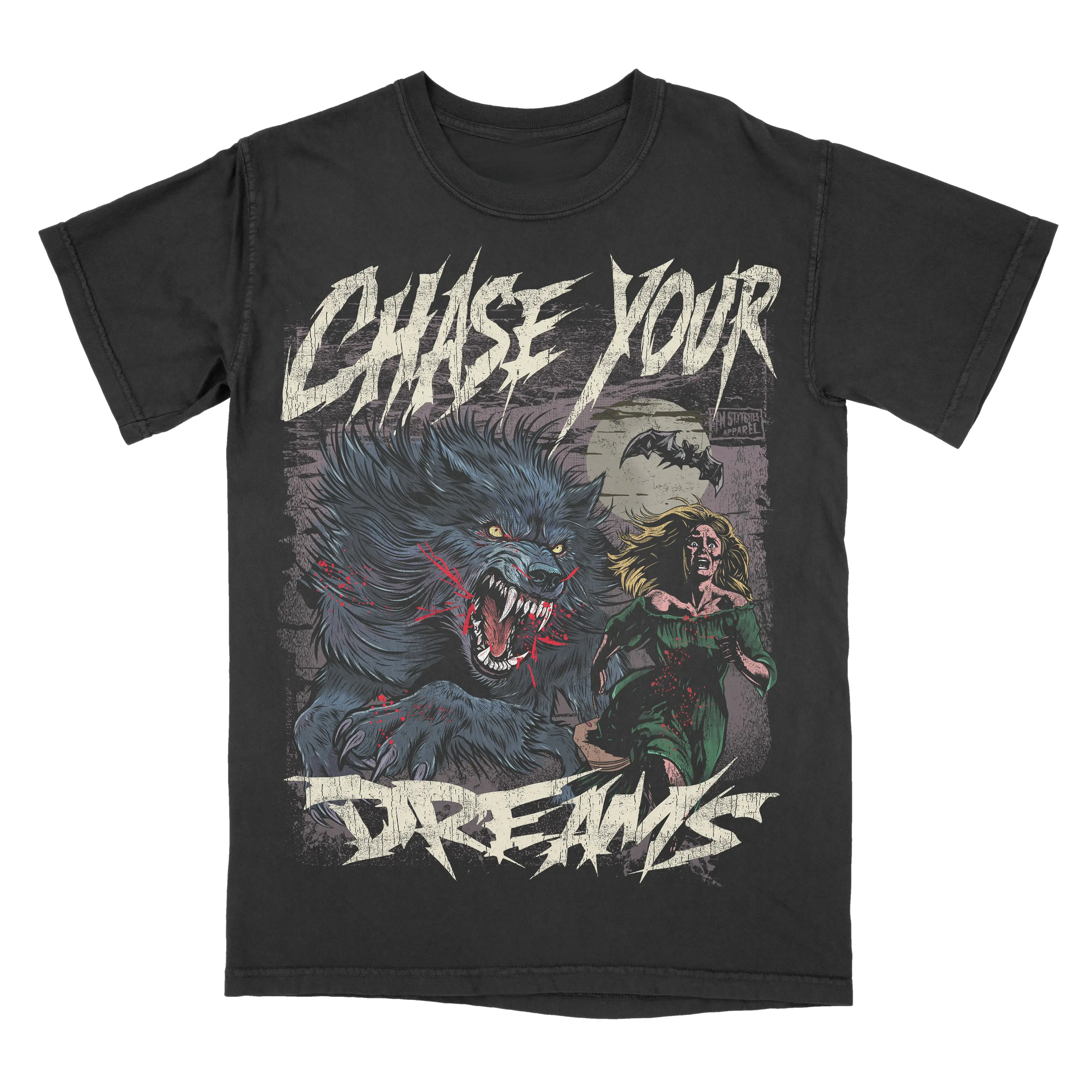 Men's Unisex Short-Sleeve Gothic Alternative Fashion Fit T-Shirt, Chase Your Dreams Werewolf Graphic Print, Shortsleeve, Tops