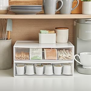 12.5” Wide Clear Stackable Open & Divided Storage Drawers, 2 Pack Plastic Organizer Bins for Makeup Palettes, Cosmetics, & Beauty Supplies, Vanity, Bathroom, Desk Organization, Made in USA Boxes