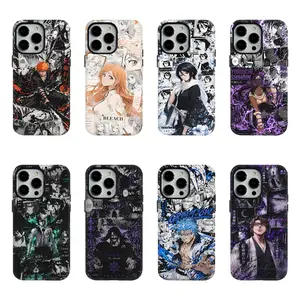 Magnetic Bleach Anime 2-in-1 Glossy Film Phone Case for iPhone 17-13, 11 Pro Max - Ichigo Rukia Orihime Grimmjow Manga Collage, Shockproof Anti-Scratch PC+TPU Protector, Smartphone Cellphone Handheld Devices Accessories