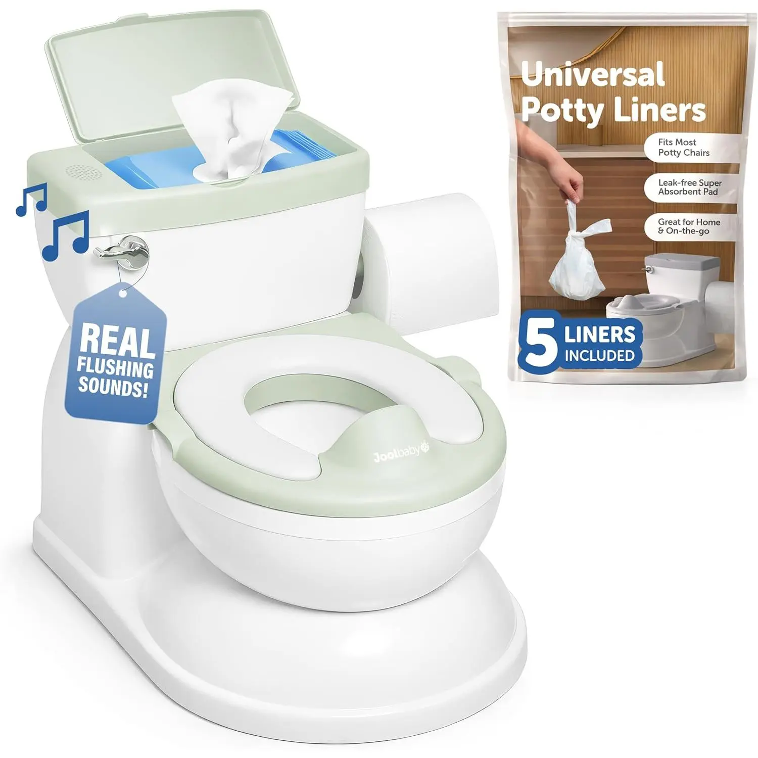 Baby Potty Training Chair for 0-3 Years, 2-in-1 Design with Wipes Storage, Flushing Sounds, Disposable Liners - Realistic, Easy to Clean & Assemble (Sage), 2-In-1 Potty
