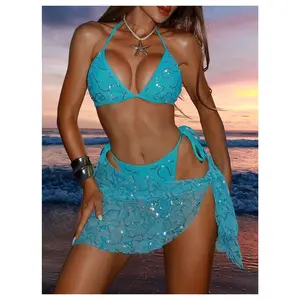 3 Piece Swimsuits Sequin Triangle String Bikini Set with Cover Up Wrap Skirt