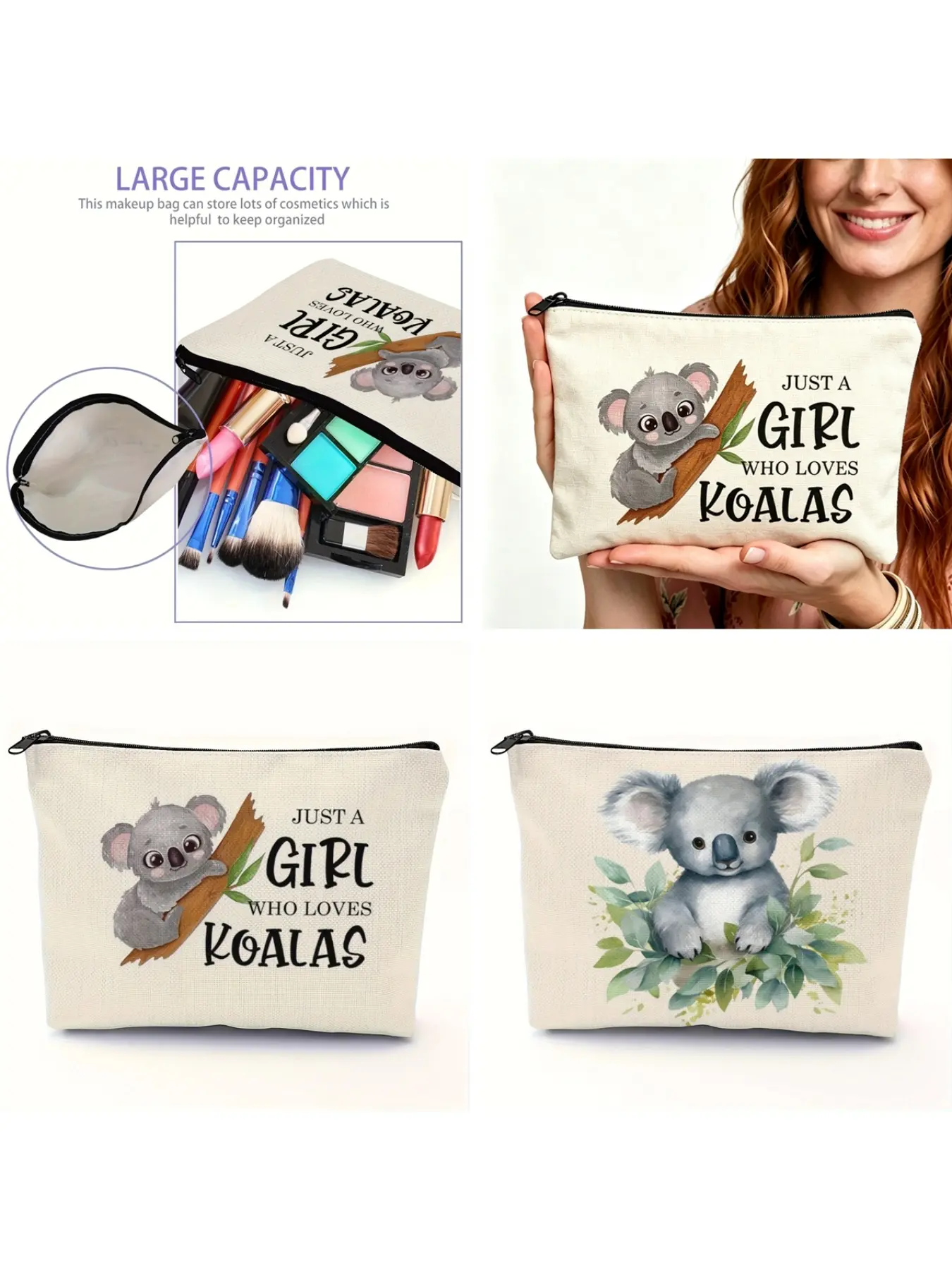 Cute Cartoon Koala Print Women's Makeup Bag, Zipper Travel Organizer, Foldable Large Capacity Handbag, Perfect Gift for Students