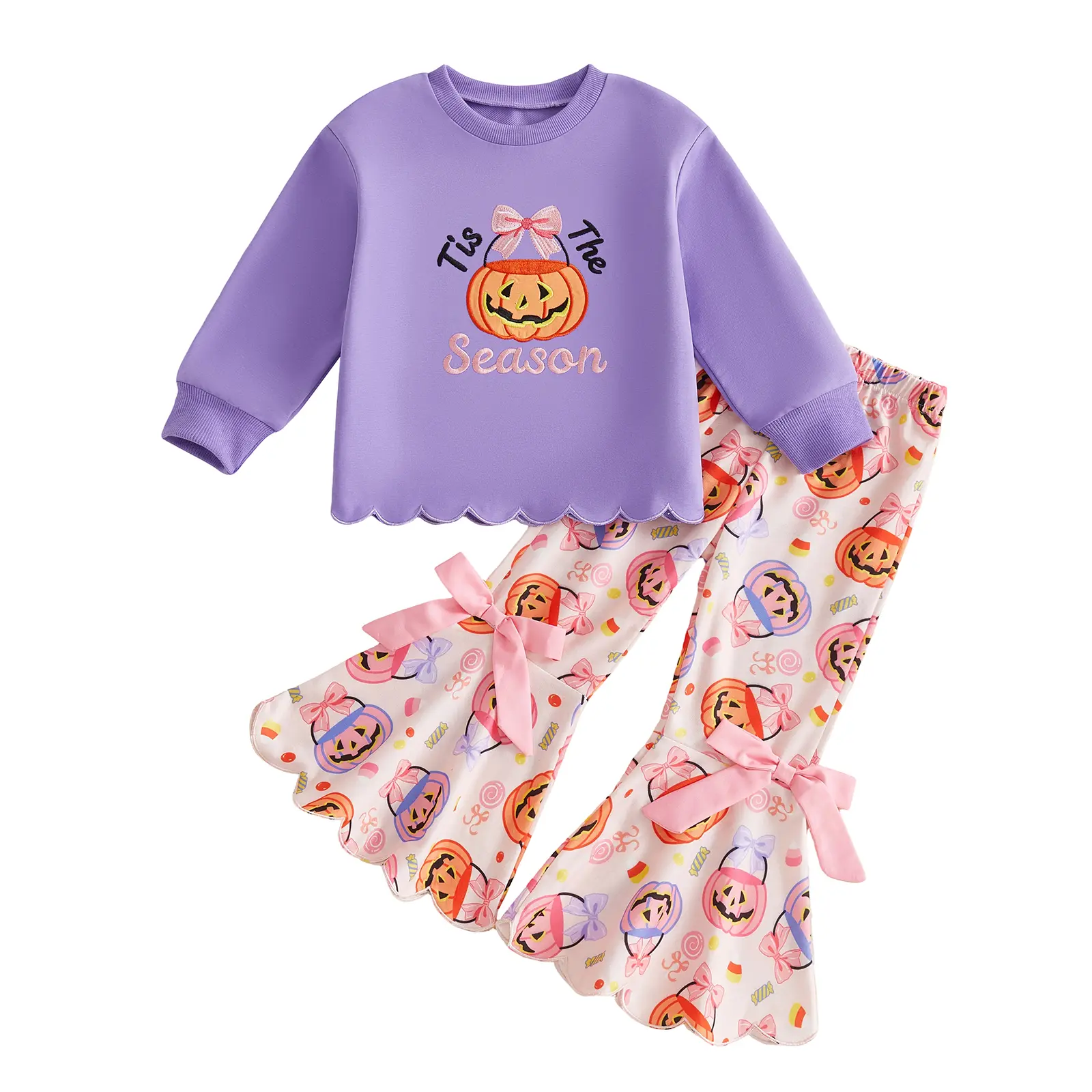 Toddler Baby Little Girls Halloween Outfit Long Sleeve Sweatshirt with Bell Bottom Pants Fall Winter 1-5 Years