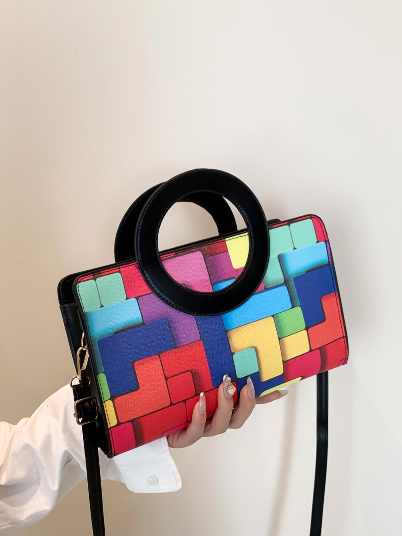 Valentine's Day Ladies' Handbags, Fashionable Retro Color-Blocked Design, Ideal for Commuting, Shopping, Dating & Parties, Colorblock Patchwork Handbag, Geometric Pattern Bag