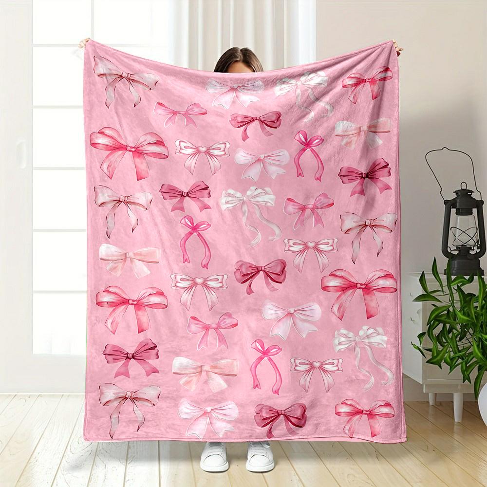 [Pink Bow Print Flannel Blanket] Soft Pink Bow Print Flannel Throw Blanket - Cozy All-Season Comfort for Couch, Bed, Office, and Travel - Perfect Gift for Family and Friends-280GSM