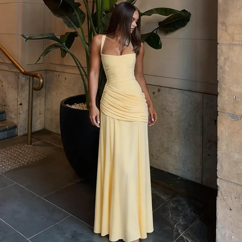 Women's Square Neck Sleeveless Fitted Bodycon Maxi Dress, Ruched Waist Draped Formal Long Gown, Elegant Flowy Evening Party Outfit for Street Daily Wear, Wedding Guest, Prom and Cocktail Occasions