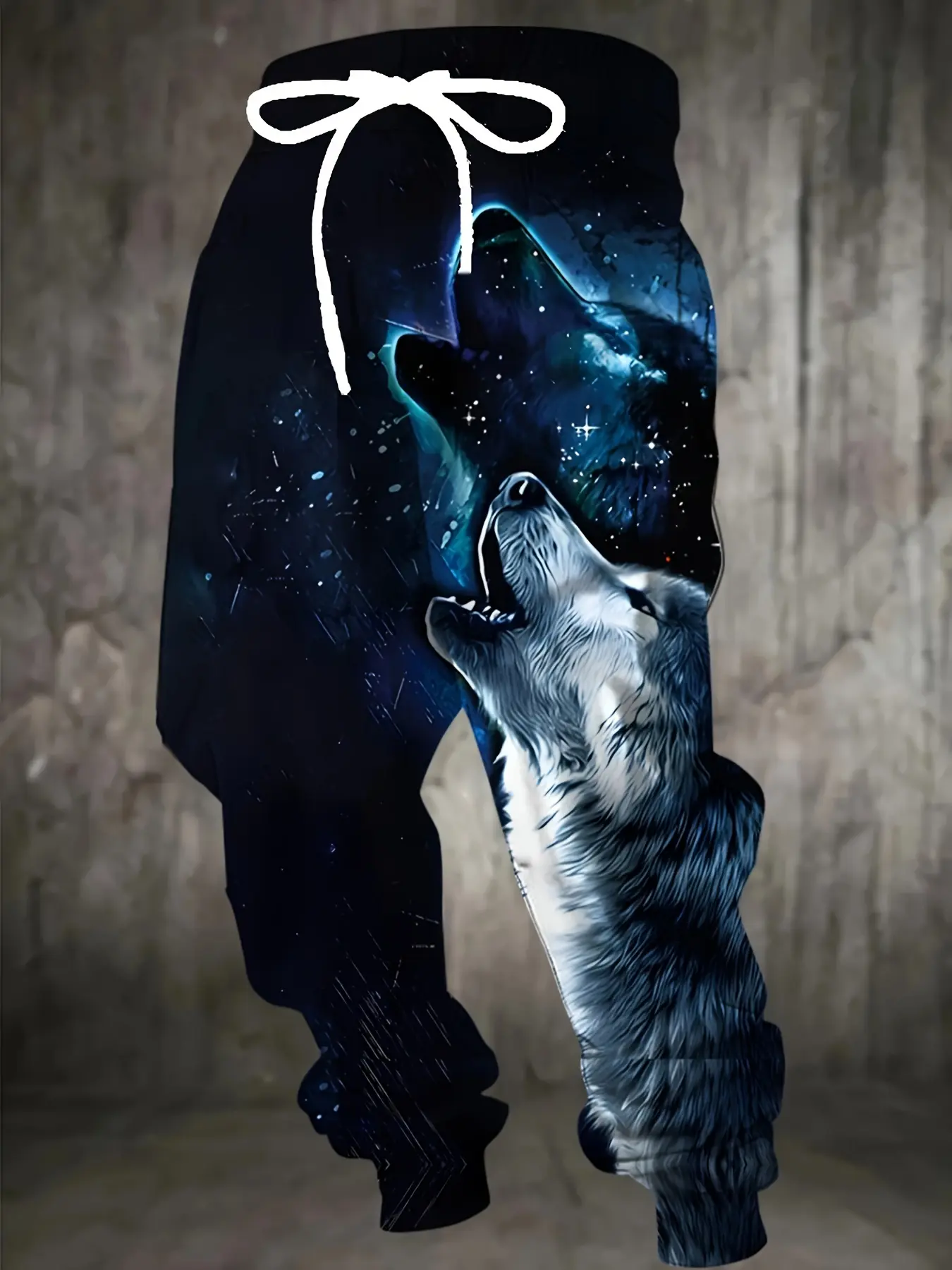 Fashionable Men'S 3-Animal Wolf Pattern Printed Joggers With Drawstring And Pockets, Stylish Long Pants