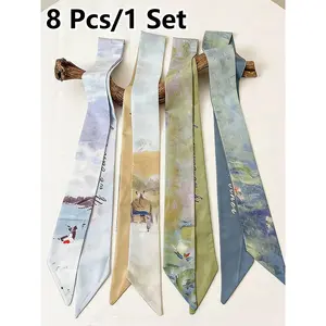 4/8pcs Elegant French Colorblock Landscape Oil Painting Style Scarf, Polyester Shawl, Women and Girls, Vintage Hairband, Woven Ribbon, Multifunctional Accessory, Printed Polyester Scarf