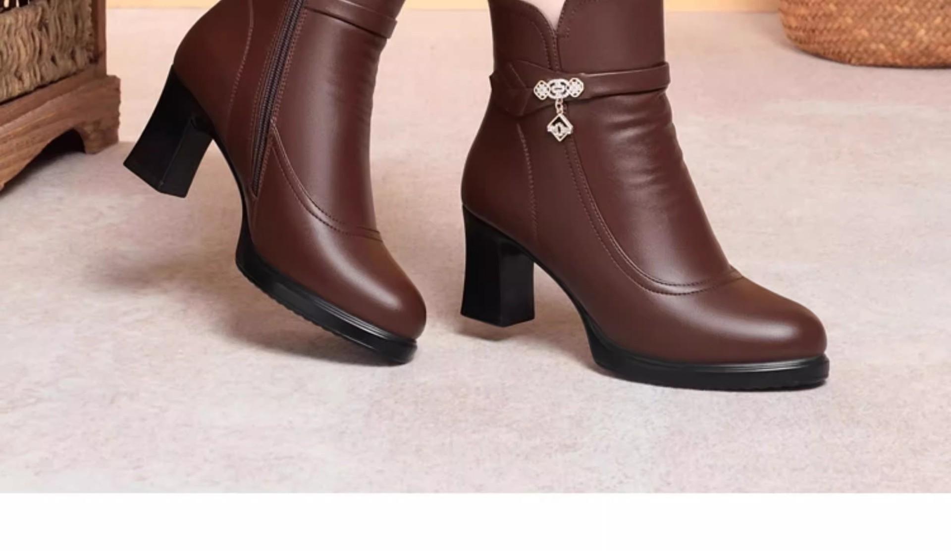MOVRA1 Women'S -Encrusted Round-Toe Block Heel Ankle Boots with Zipper Closure & Plush Lining - Mid-Heel Winter Boots in Rich Brown, Faux Cover Upper & Rubber Sole, Elegant Casual to Semi-Formal Outfits Autumn/Winter, Comfortable & Durable Design