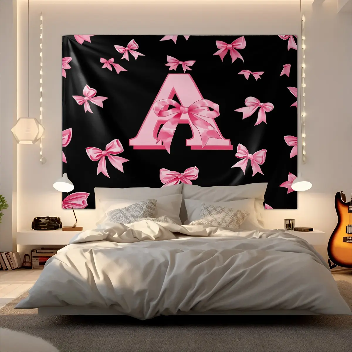 Pink Black Bow Letter Tapestry Coquette Aesthetic Background Wall Hanging For Bedroom Home Decor Y2K