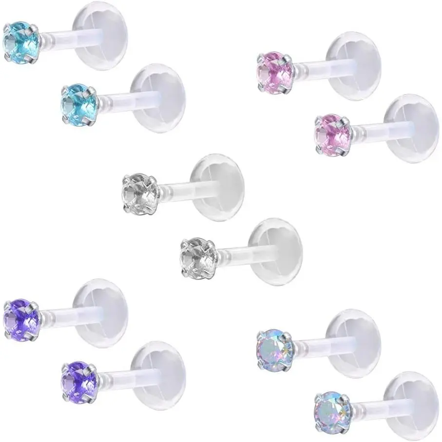 10-12Pcs 16G Clear Bioflex CZ Stone Labret Monroe Lip Ring Helix Tragus Cartilage Earrings Stud