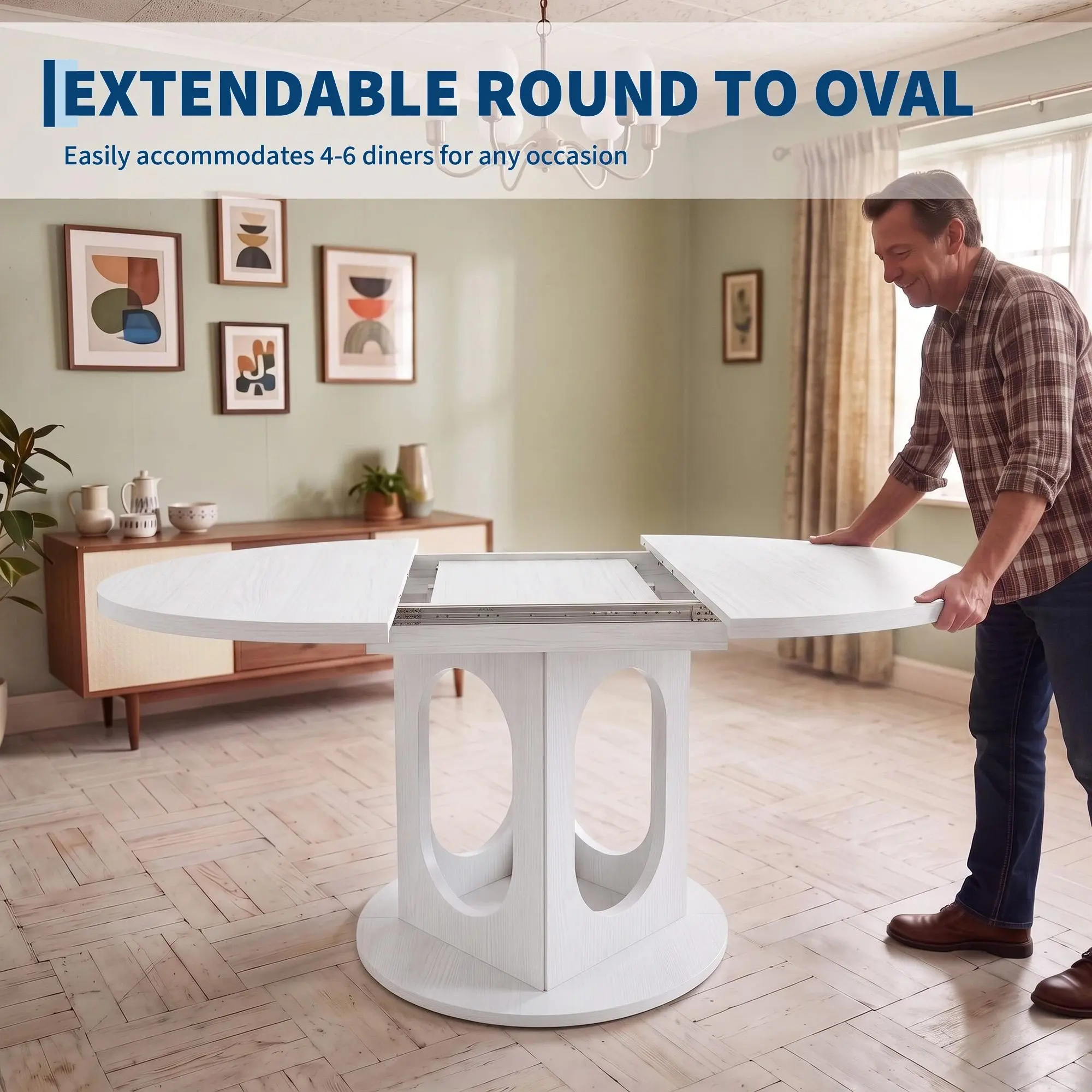 Garvee Extendable Round to Oval Dining Table for 4-8 People, Mid-Century Modern Farmhouse Kitchen Table with Sturdy Base & Adjustable Leveling Feet - Oak