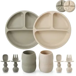 Silicone Baby Feeding Set |   2 Pack Silicone Divided Suction Plate and 2 Pack Tiny Cup with 2 Spoons 2 Forks |   Baby Led Weaning Supplies Self Feeding Eating Utensils (Light Tan/Walnut)