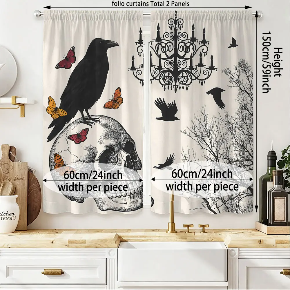Gothic Halloween Black Background Raven Skull Chandelier Butterfly Blackout Curtains 2 Panels, Rod Pocket Thermal Insulated Window Drapes for Spooky Home Decor
