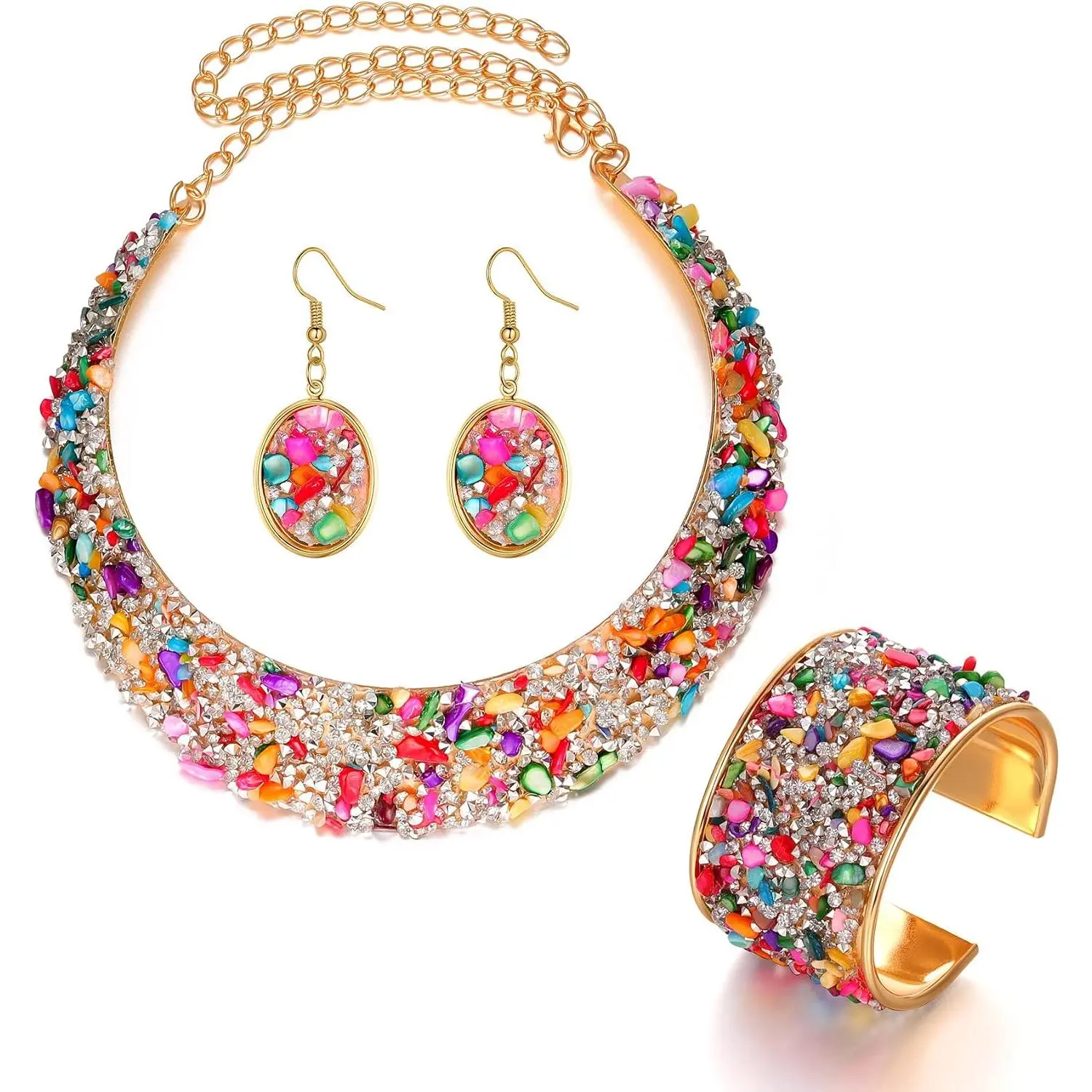 3 count Colorful Stone Rhinestone   Metal Necklace Sets For Women Bib Choker Collars Necklaces  Accessories
