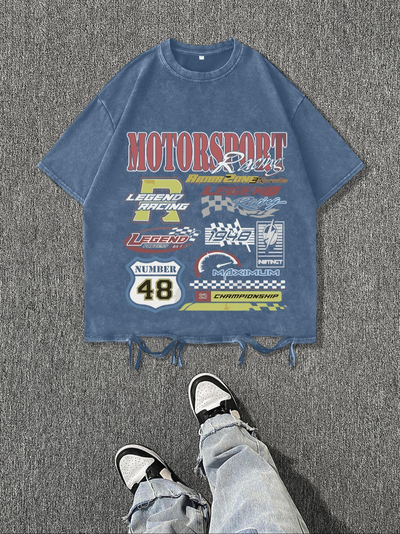 Men's Vintage Letter Print Raw Hem Round Neck Tee, Regular Fit Casual Short Sleeve T-shirt, Men's Summer Top for Daily Wear, Cotton