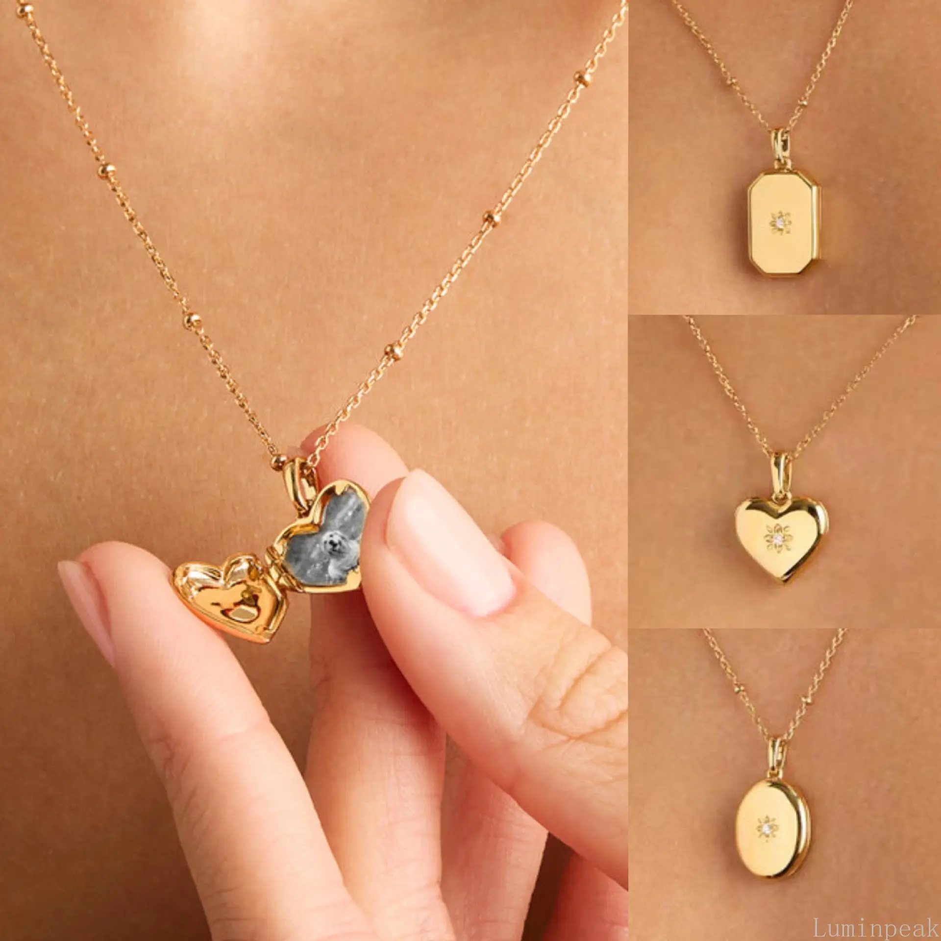 Gold Plated Heart Locket Necklace for Women, Minimalist Zircon Pendant, Dainty Casual Clavicle Jewelry, Memory Love Gift for Daily Wear, Heart Necklace, Gifts For Women, Female