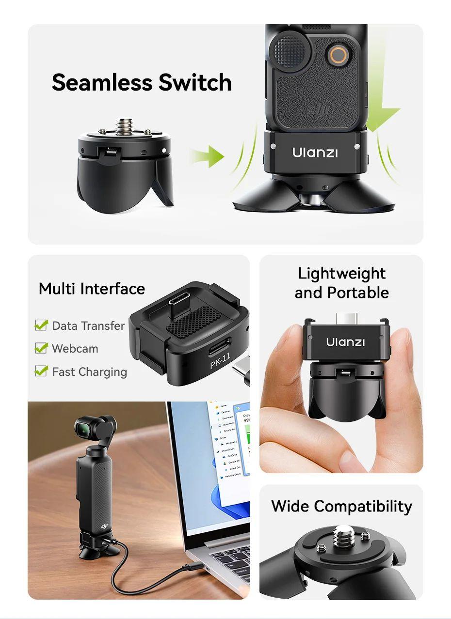 Ulanzi Pocket3 Accessories Collection, Expansion Adapter & Mini Tripod Kit for DJI Osmo Pocket 3 Mount with 1/4" Screw, Quick Release LED Light, Action Camera Accessories