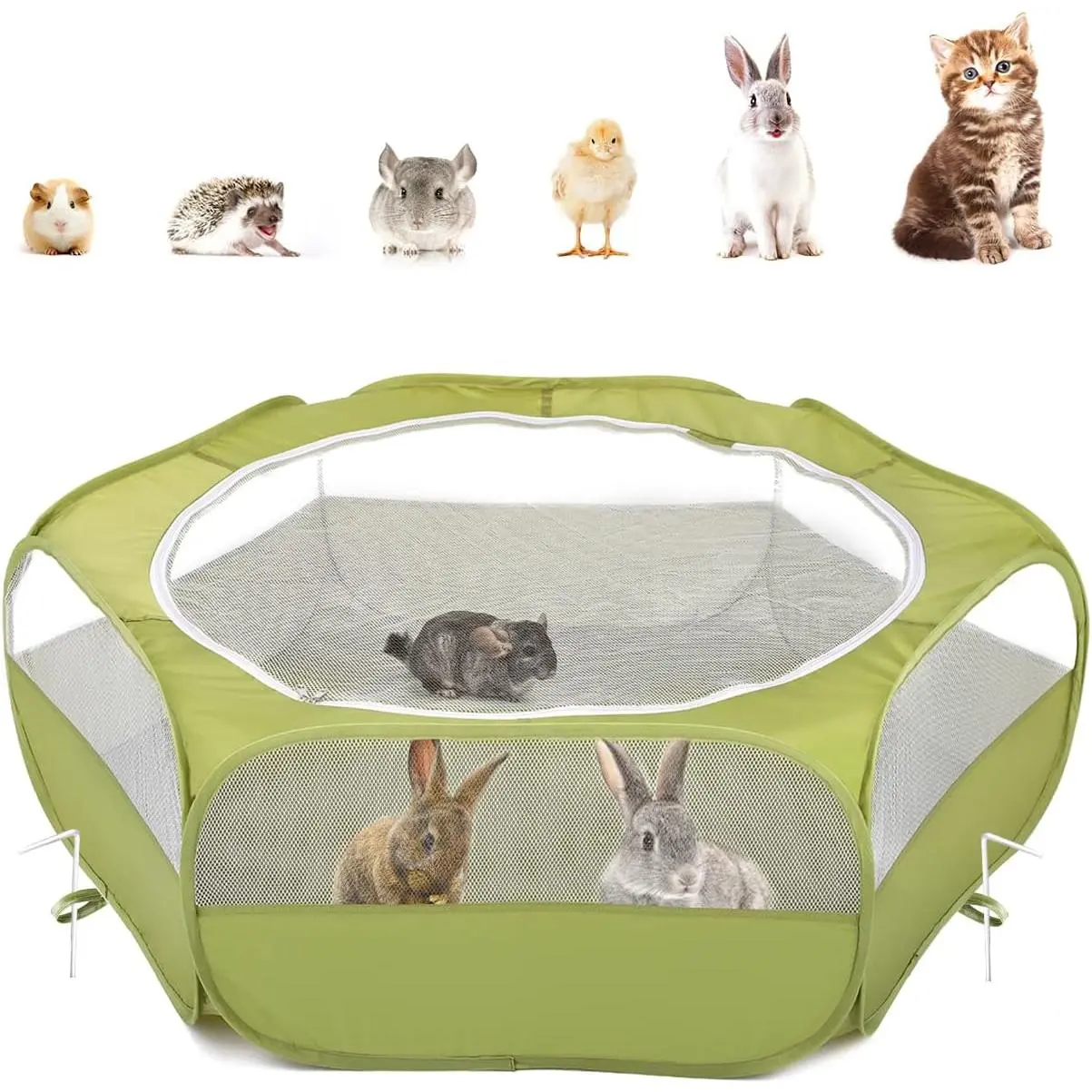 Small  Playpen,  Small  Cage Tent with Zippered Cover, Portable Outdoor Yard Fence with 3 Metal Rod for Chick/Kitten/Puppy/Guinea Pig/Rabbits/Hamster/Chinchillas,Green
