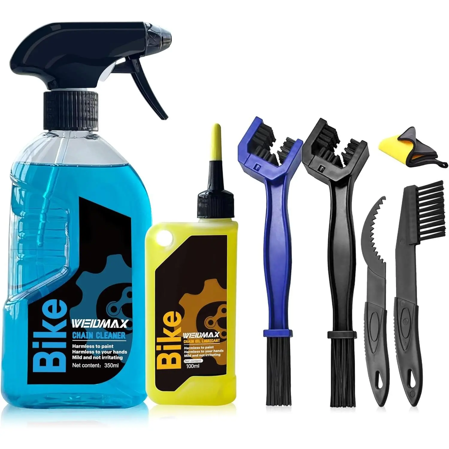 7-in-1 Bike Chain Cleaning Kit, 350ml Degreaser Spray, 100ml Chain Lube, 4 Brushes & Towel for MTB/Road Bike