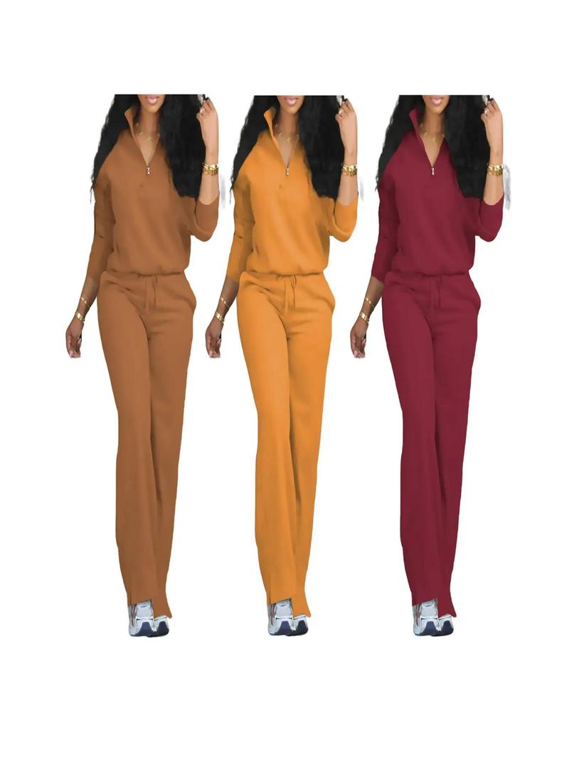 Women's Solid Half Placket Split Hem Pants Set, Casual Long Sleeve Top & Pocket Wide Leg Trousers for Summer, Ladies Clothes for Daily Wear, Womenswear